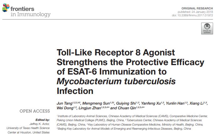 Toll-Like Receptor 8 Agonist Strengthens the Protective Efficacy of ESAT-6 Immunization to Mycobacterium tuberculosis Infection.