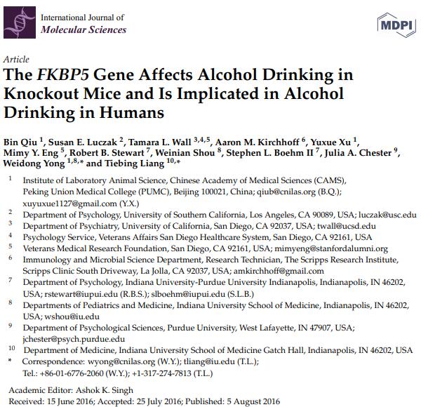  The FKBP5 Gene Affects Alcohol Drinking in Knockout Mice and Is Implicated in Alcohol Drinking in Humans