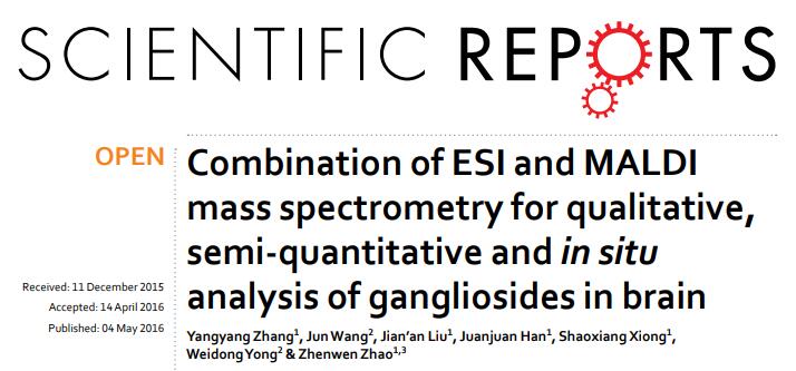 Combination of ESI and MALDI mass spectrometry for qualitative, semi-quantitative and in situ analysis of gangliosides in brain