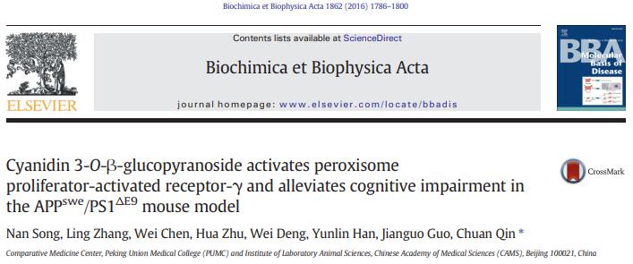 Cyanidin 3-O-β-glucopyranoside activates peroxisome proliferator-activated receptor-γ and alleviates cognitive impairment in the APP(swe)PS1(ΔE9) mouse model