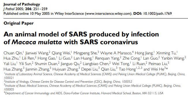 An animal model of SARS produced by infection of Macaca mulatta with SARS corona
